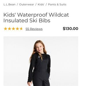 LL Bean Kids' Waterproof Wildcat Insulated Ski Bib